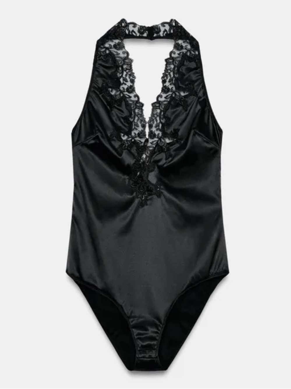 Zara Black Satin And Lace Halter Bodysuit Size Large NEW